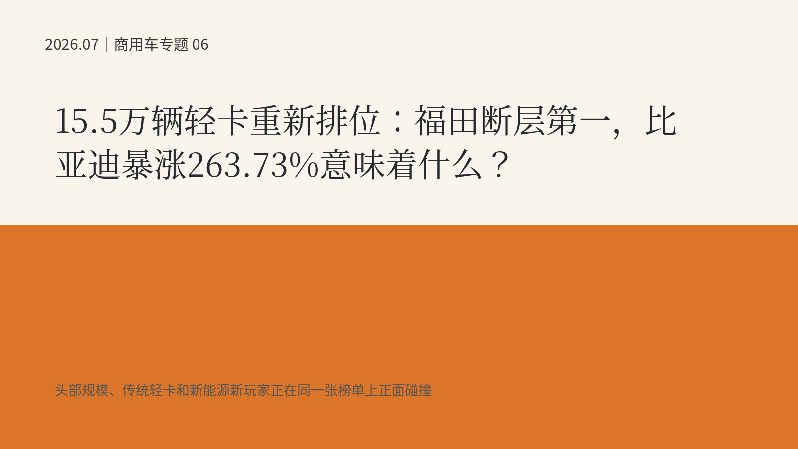 15.5万辆轻卡重新排位：福田断层第一，比亚迪暴涨263.73%意味着什么？